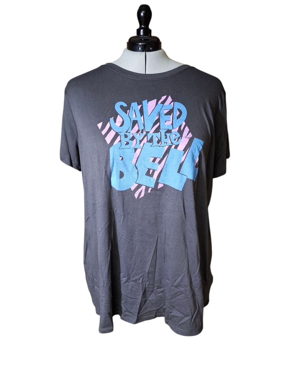 Saved By The Bell Graphic Tee in Charcoal with Blue & Pink Print